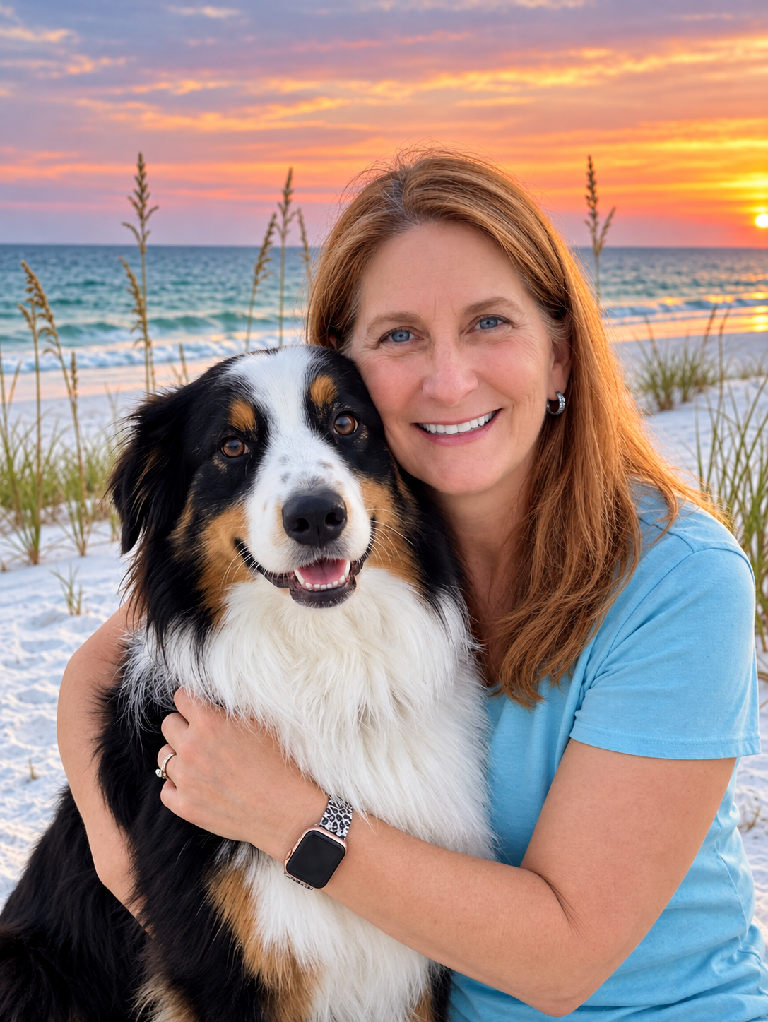 Laurel, the owner of Jellyfish Twist, with her Australian Shepherd on the beach at sunset